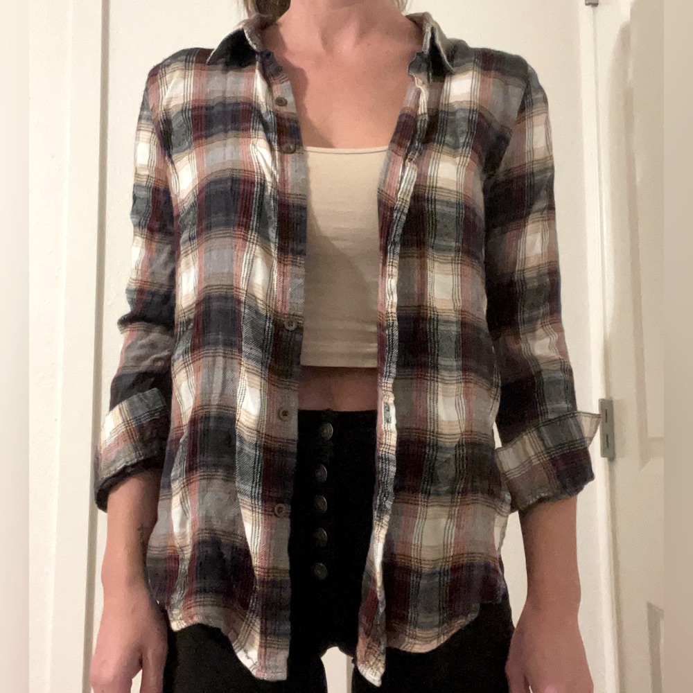 About a Girl plaid long sleeve, thermal back, elbow pads. Size M